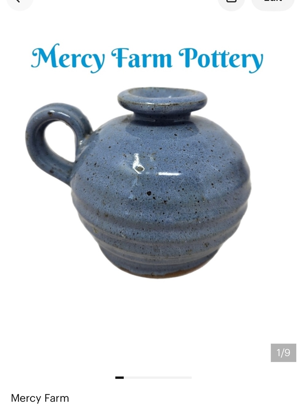 Mercy Farm Pottery Handle Bud Vase Blue With Specks Of Black Glazed Ribbed
